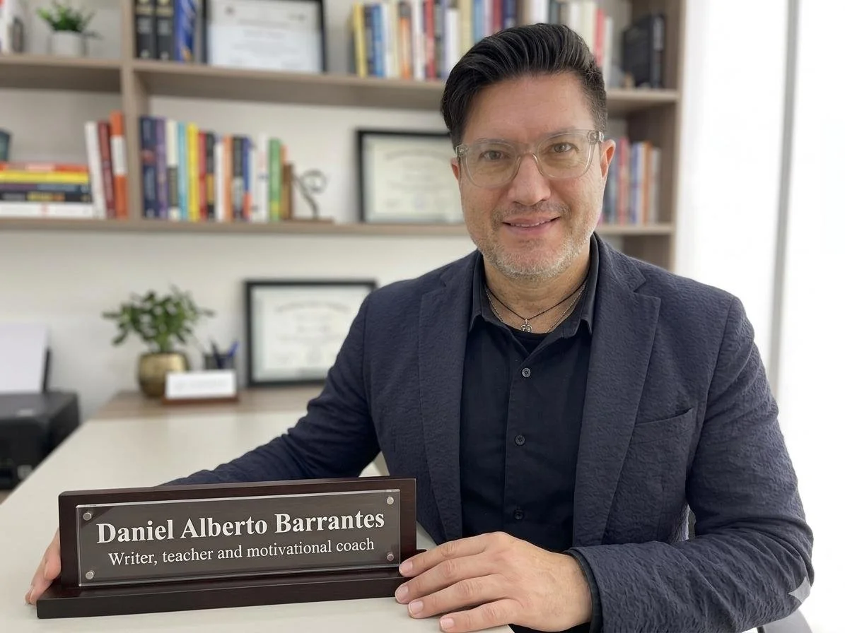 A man with glasses, dark hair, and a beard, smiling while sitting at a desk in an office or study, holding a nameplate that reads "Daniel Alberto Barrantes, Writer, teacher and motivational coach". Behind him are bookshelves with colorful books and framed certificates.