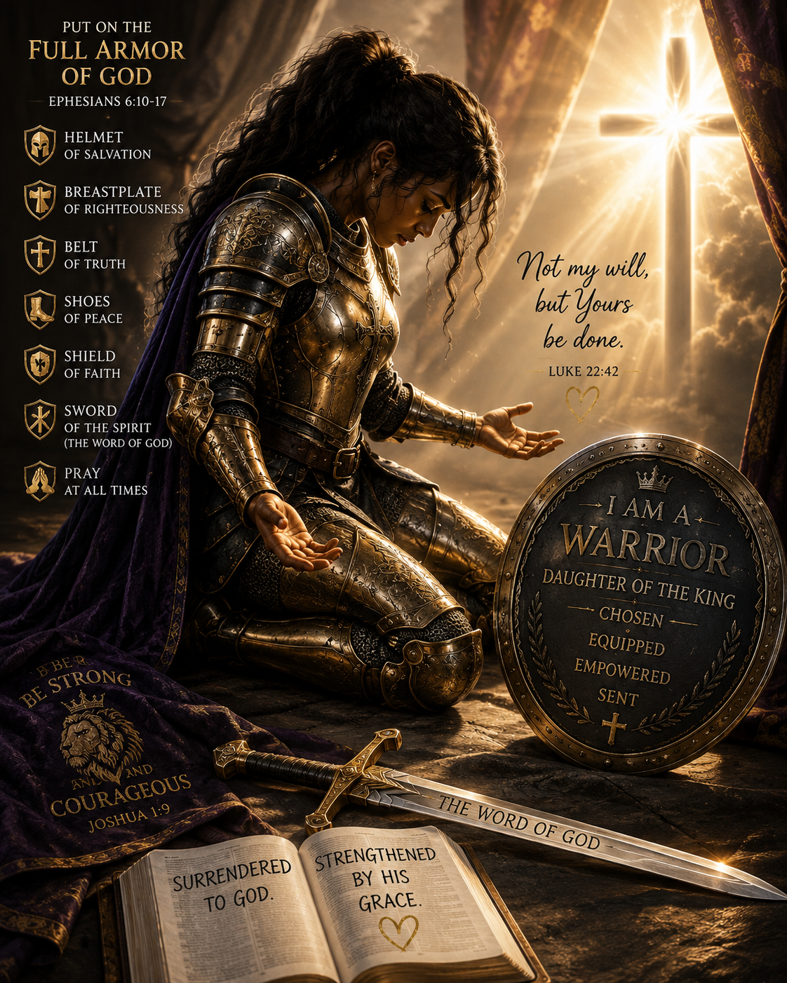 A woman dressed as a knight in gold armor kneels in prayer in a dramatic, sunset-lit scene with a cross shining in the sky behind her. She is surrounded by religious symbols and texts, including a shield with the inscription 'I am a warrior daughter of the king,' a sword labeled 'the word of God,' and an open Bible with the words 'surrendered to God' and 'strengthened by his grace.' There are also inspirational phrases and a list of spiritual armor items, such as helmet, breastplate, belt, shoes, shield, sword, and prayer, referencing Ephesians 6:10-17.