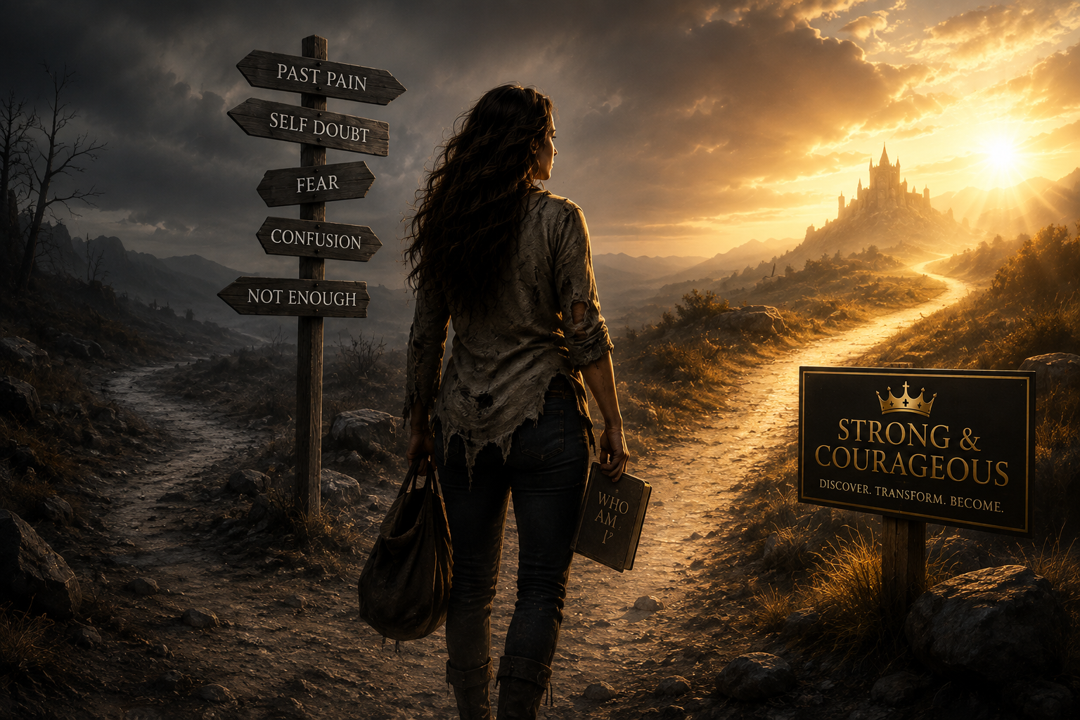 A woman standing on a dirt path at sunset with a castle in the distance. She holds a book and a bag. There is a signpost with words: "Past Pain," "Self Doubt," "Fear," "Confusion," and "Not Enough." A sign reads "Strong & Courageous. Discover. Transform. Become."