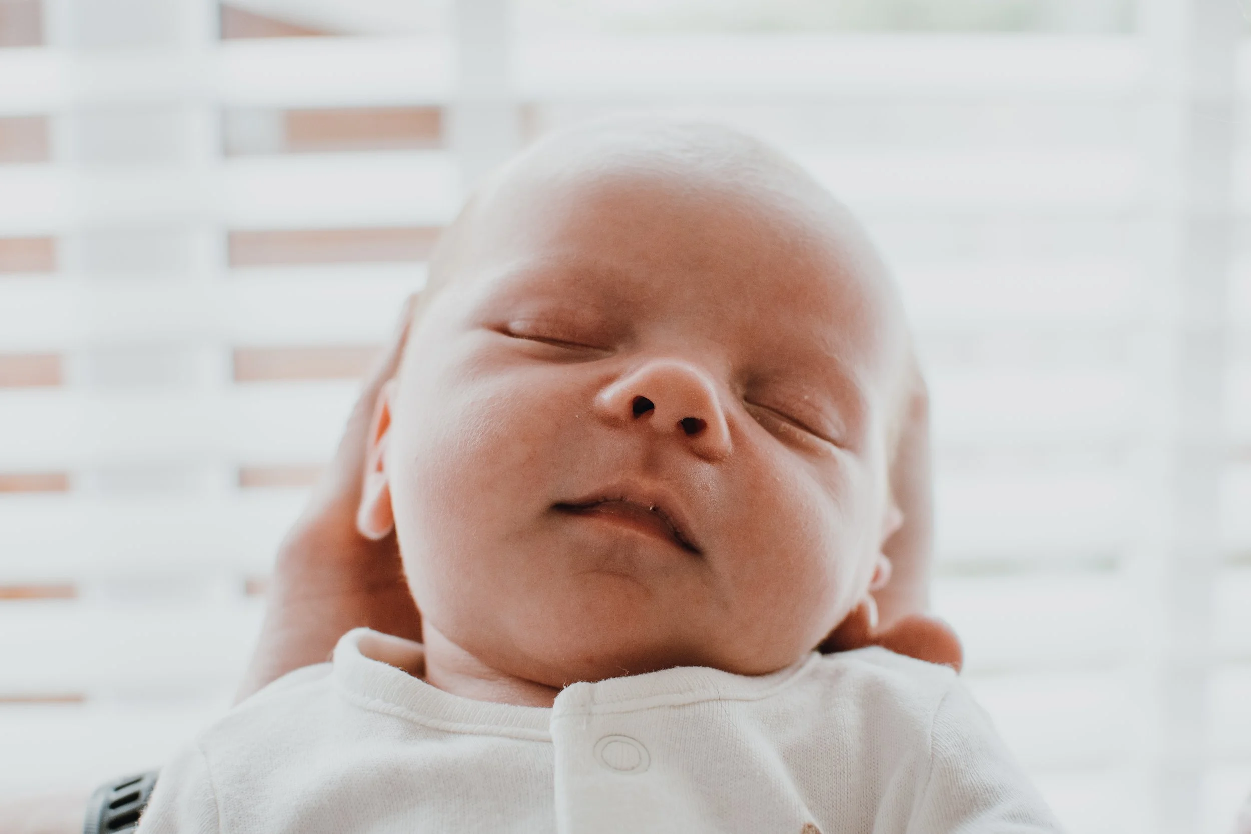 Close-up of a newborn baby's face with eyes closed, resting on an adult's shoulder, against a blurred background of window blinds.