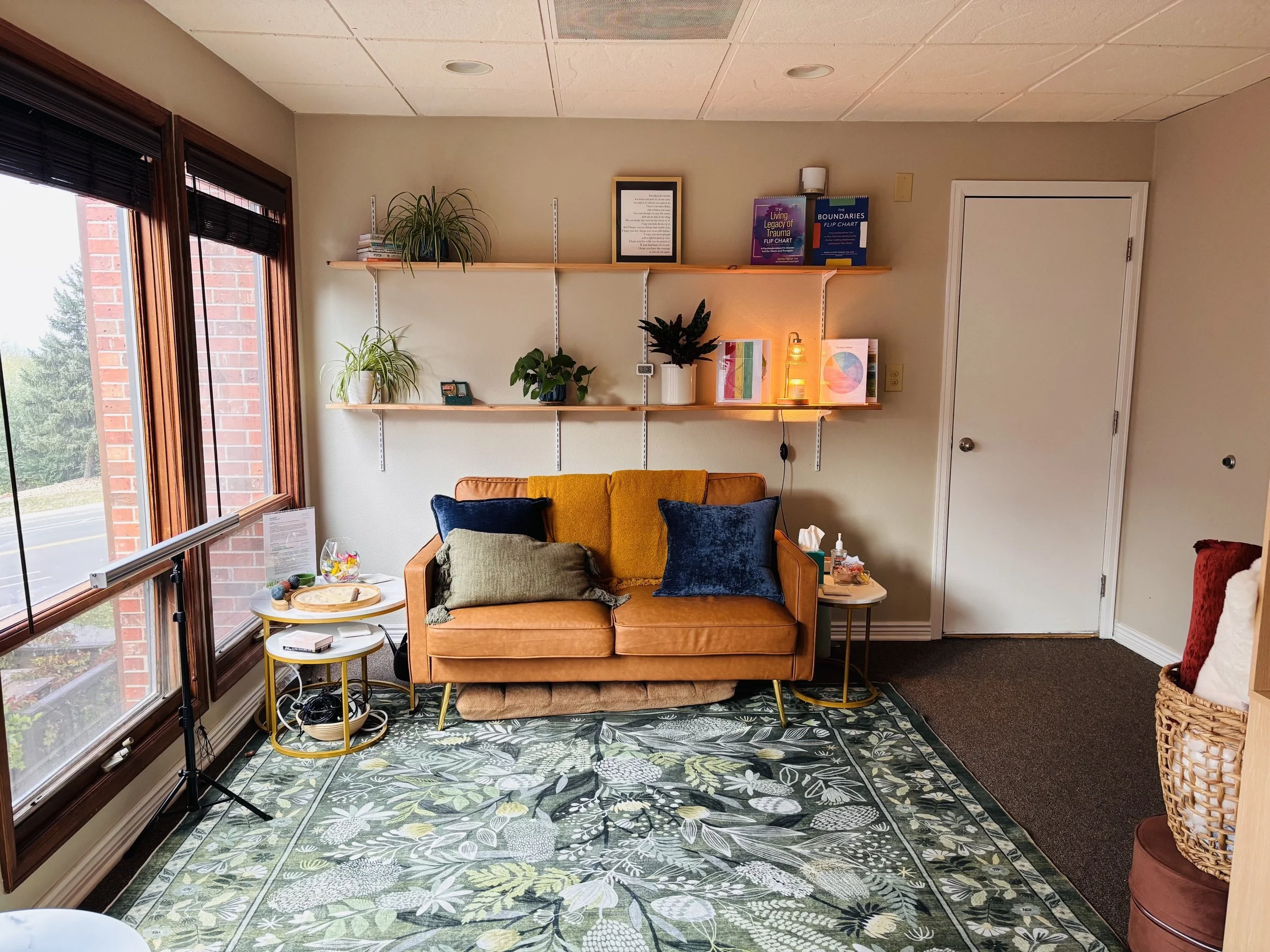 Cozy counseling office with a mustard-orange loveseat, patterned botanical rug, plants, bookshelves, and large windows.