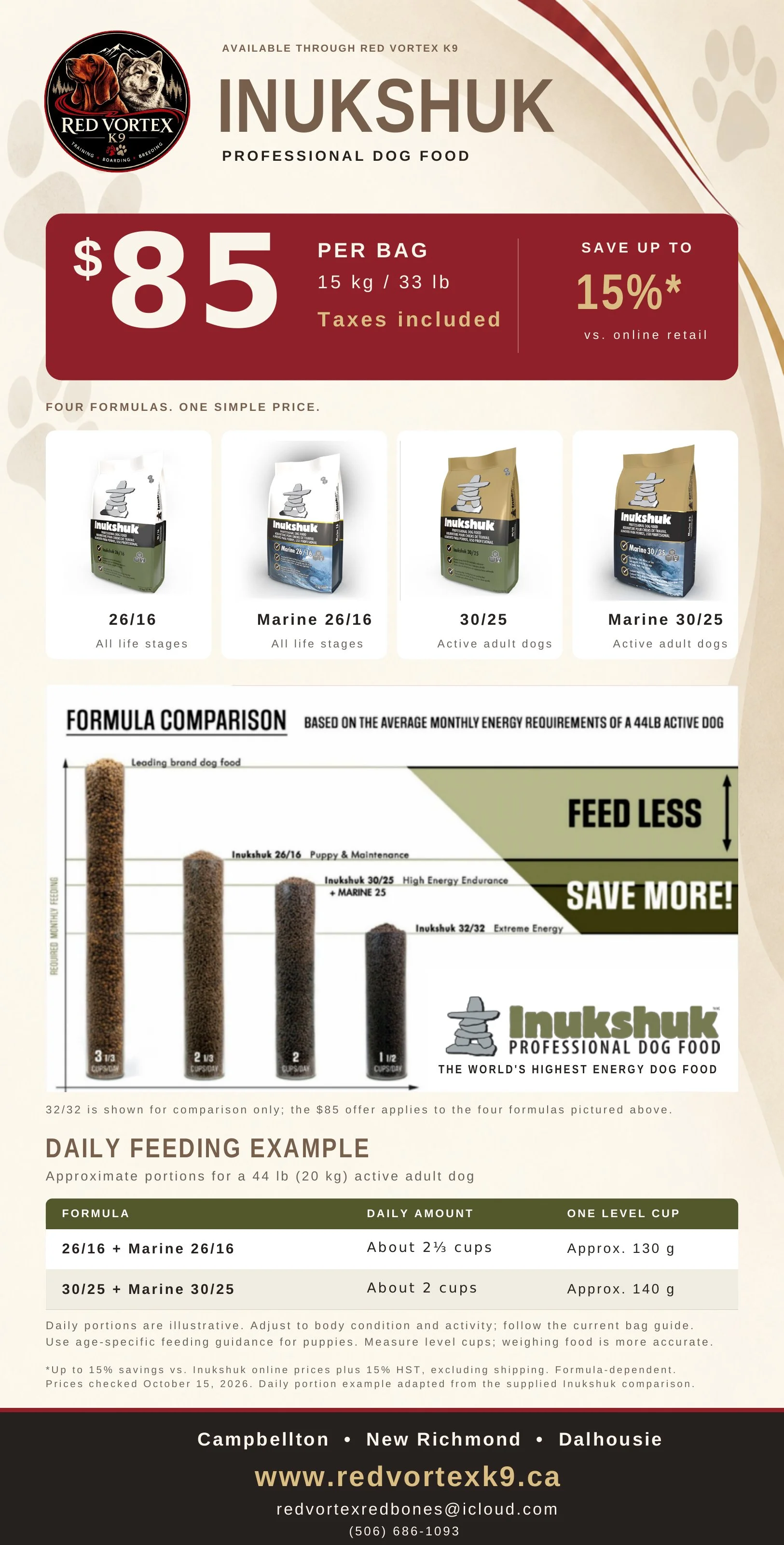Inukshuk professional dog food available through Red Vortex K9 for $85 per 15 kg bag, taxes included. Four formulas, feeding comparison and contact information.