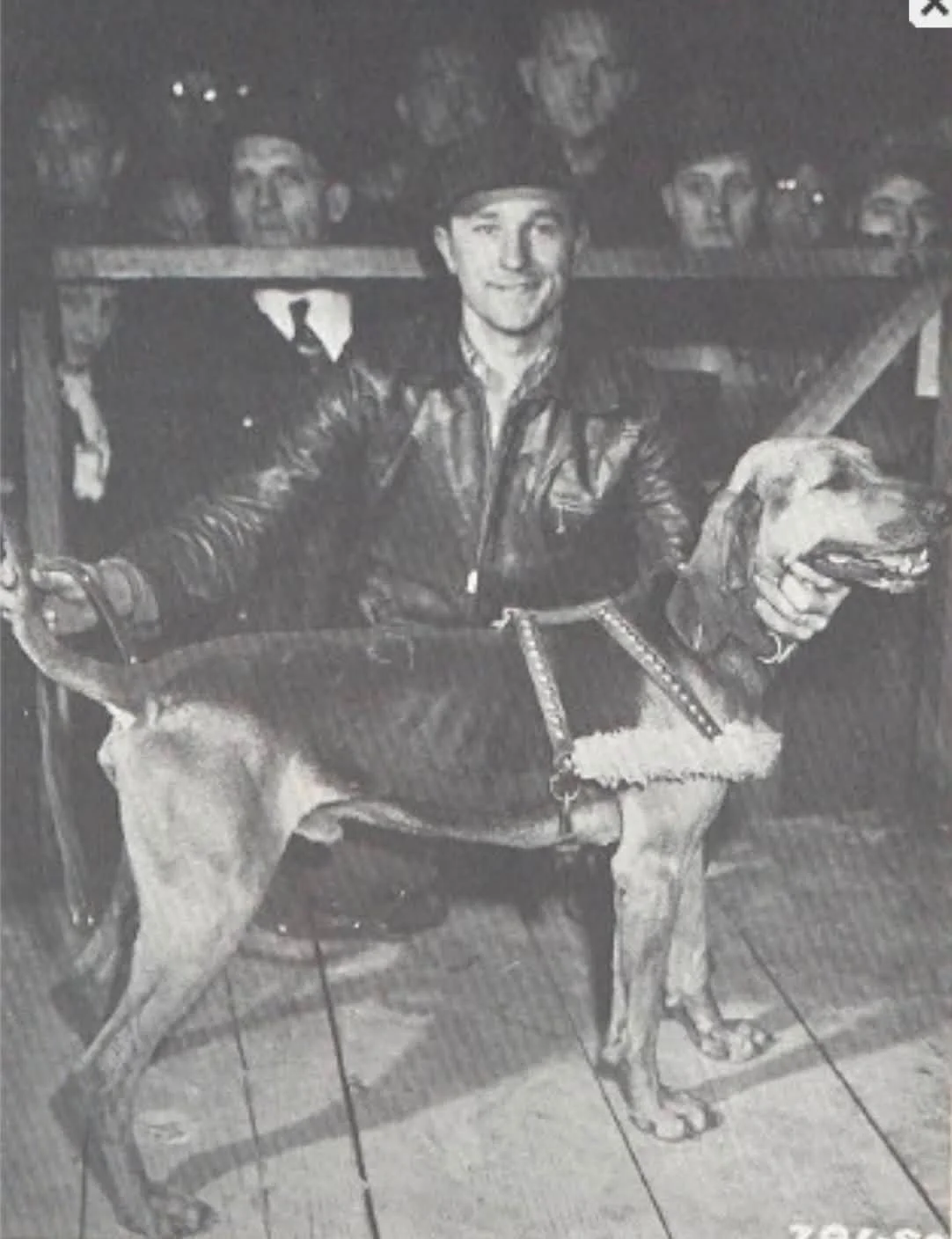 A man wearing a leather jacket and hat sitting on a bench with a historic saddleback redbone, wearing a harness and leash. The man is smiling at the camera in a setting with many people seated behind him.