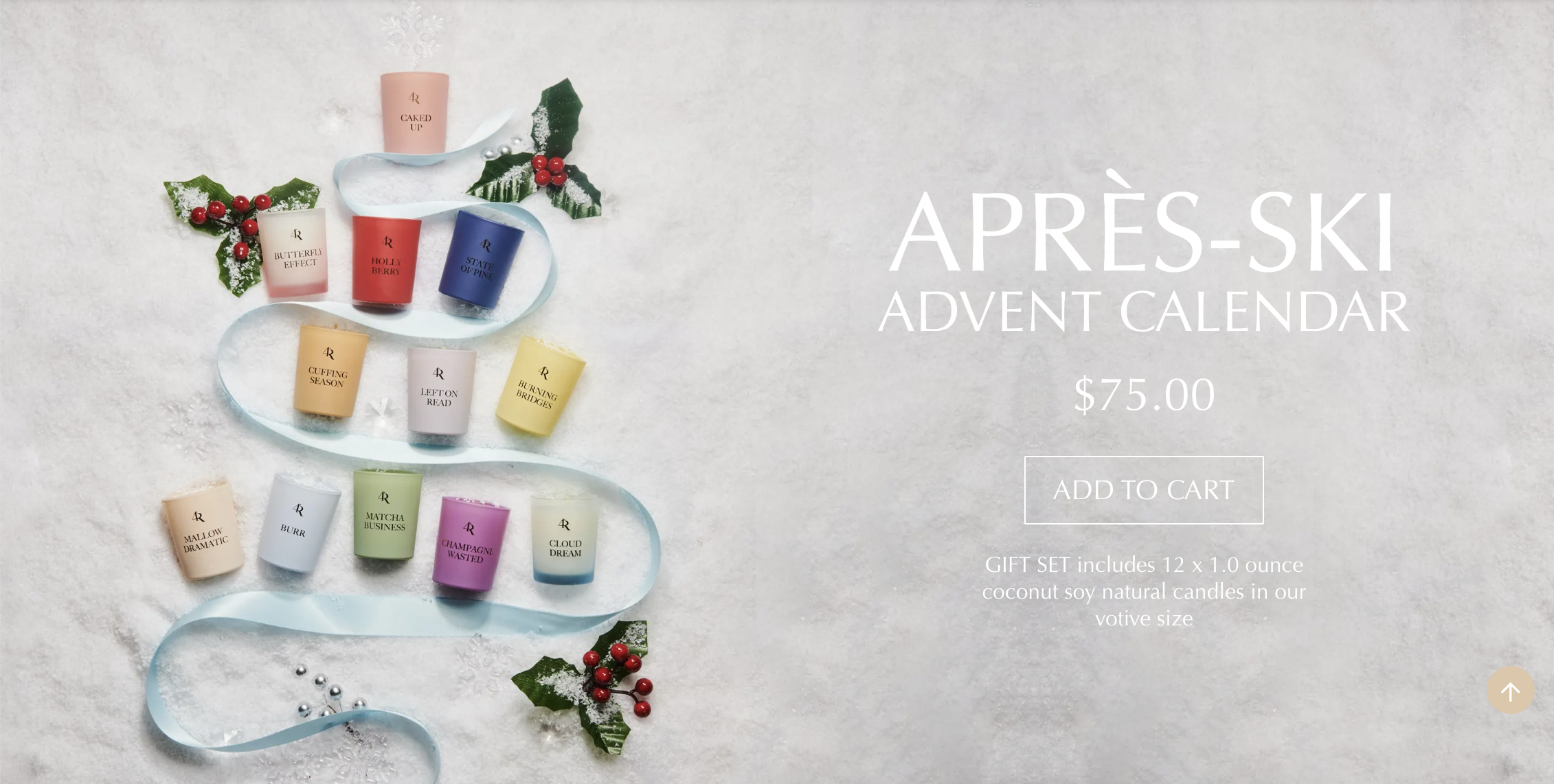 A holiday-themed advertisement for an advent calendar with twelve colorful coconut soy candles arranged on snow with holly leaves, berries, and a light blue ribbon. The right side displays text advertising the product for $75.00, with an 'add to cart