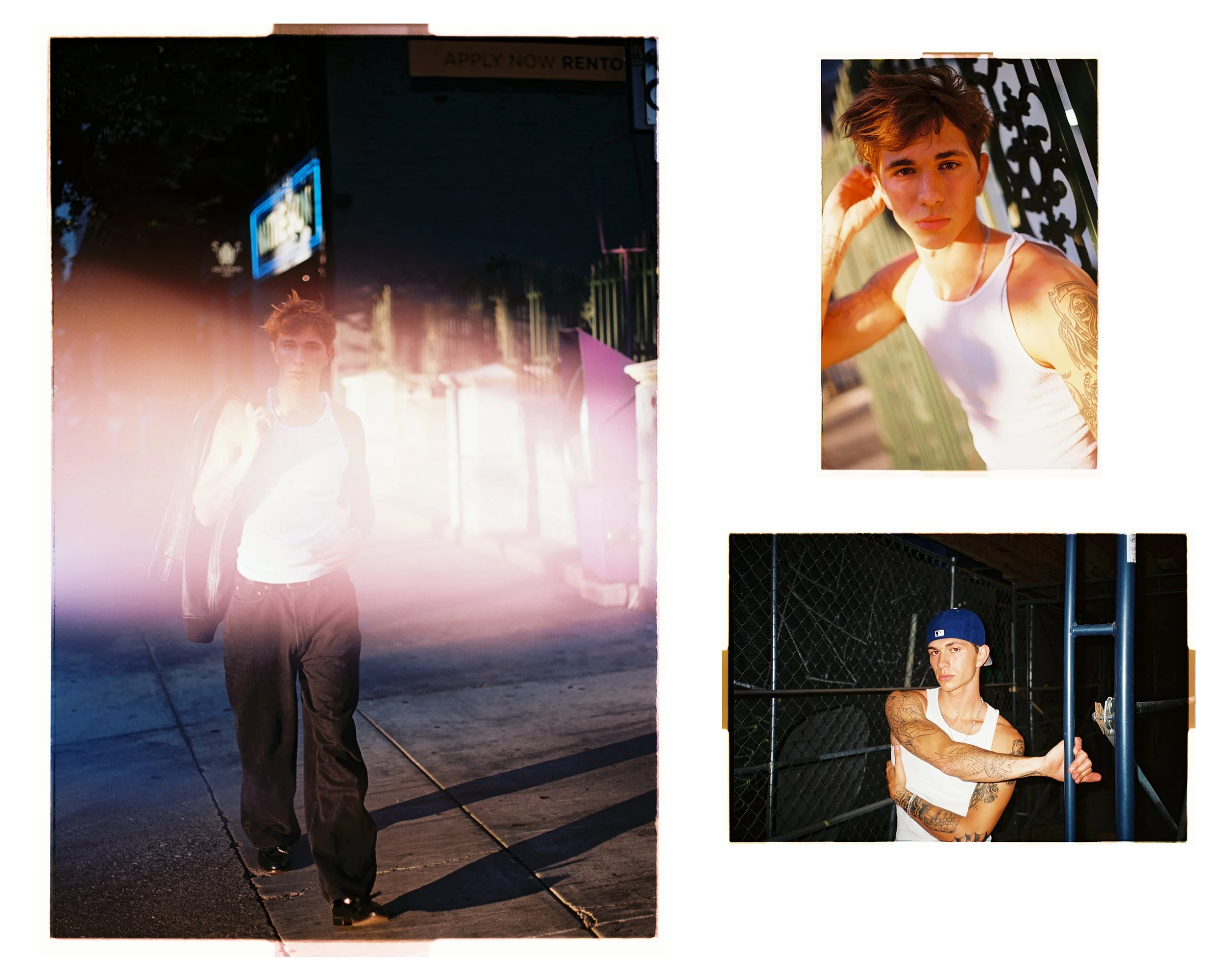Film-style test shoot layout: three street and daylight frames of a man in a white tank top, shot on location in Los Angeles.