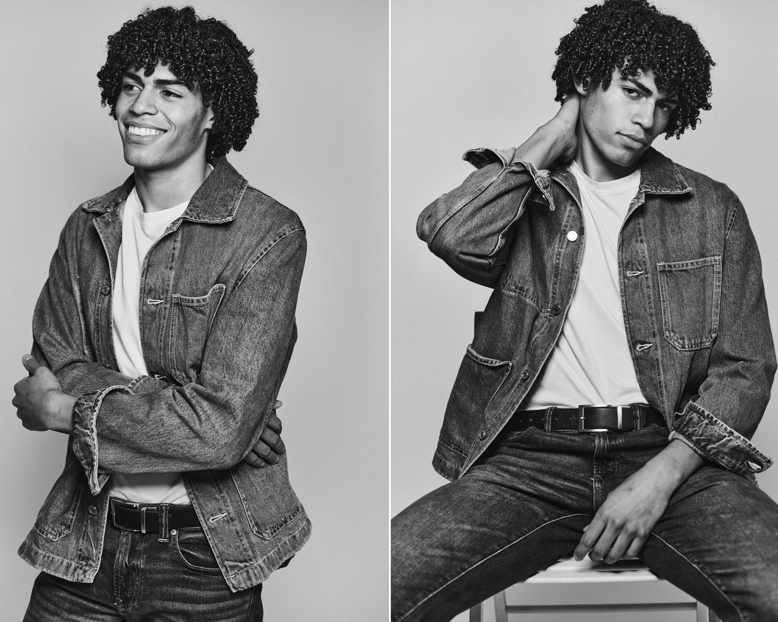 Black-and-white studio diptych of a man with curly hair in a denim jacket and white tee, shot against a plain backdrop.