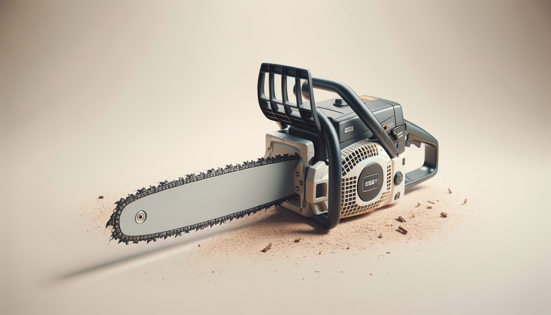 A chainsaw with a black handle, white body, and black blade resting on a beige surface with wood shavings around it.