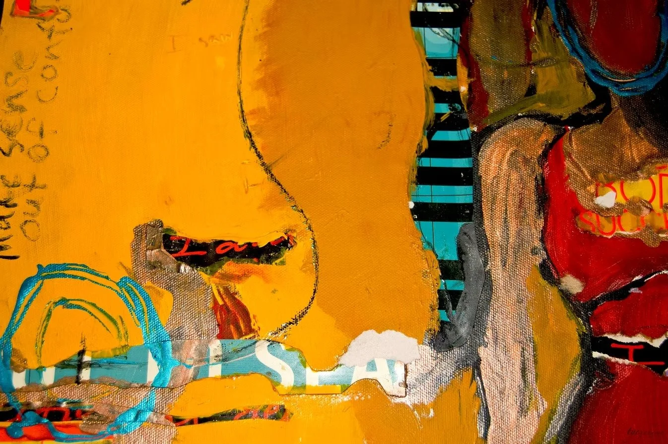 she travels light too... Mixed media (acrylic paint, charcoal, acrylic marker, textured paper, oil pastels) (2023)  24” x 24”