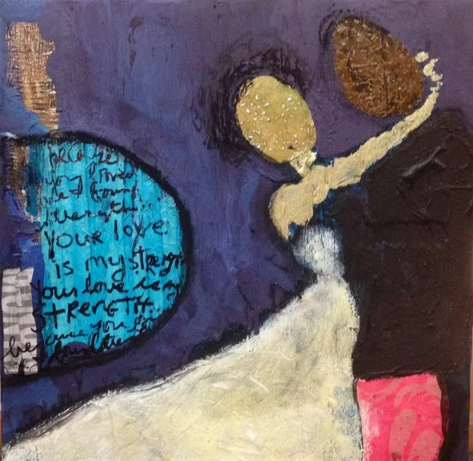 unmasked too... Mixed media (acrylic paint, charcoal, acrylic marker, textured paper, oil pastels, pen) (2024)  8”x8”