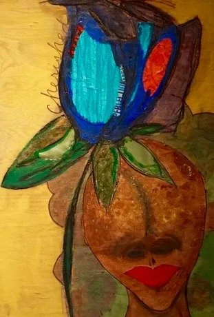 unmasked too... Mixed media (acrylic paint, charcoal, acrylic marker, textured paper, oil pastels, pen) (2024)  8”x8”