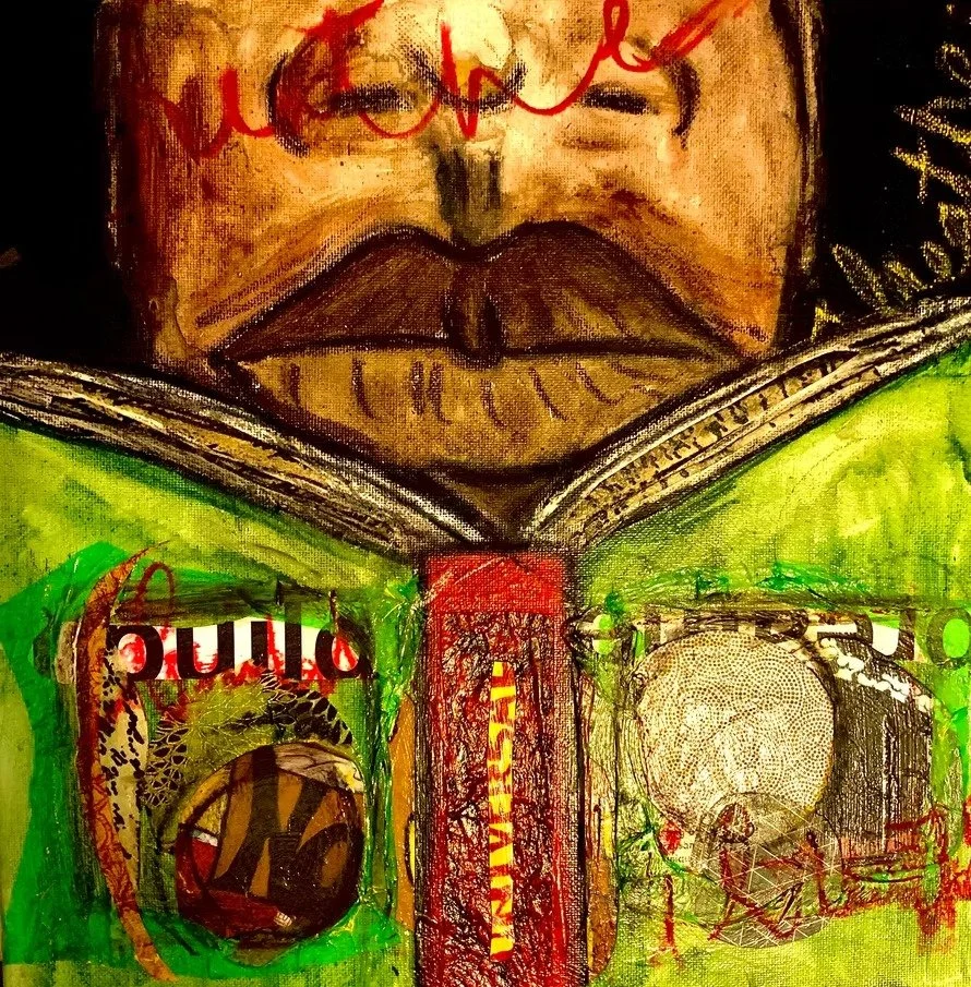wee light... Mixed media (acrylic paint, charcoal, acrylic marker, textured paper, oil pastels, pen) (2024)  12”x12”