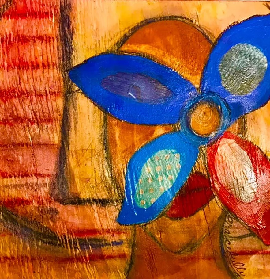 wee light... Mixed media (acrylic paint, charcoal, acrylic marker, textured paper, oil pastels, pen) (2024)  12”x12”