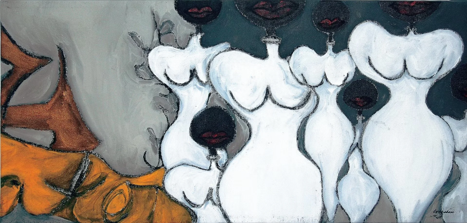 unmasked too... Mixed media (acrylic paint, charcoal, acrylic marker, textured paper, oil pastels, pen) (2024)  8”x8”