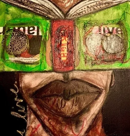 everybody IS a story.. (2020) mixed media on canvas (acrylic, paper, charcoal, felt, soft pastels)