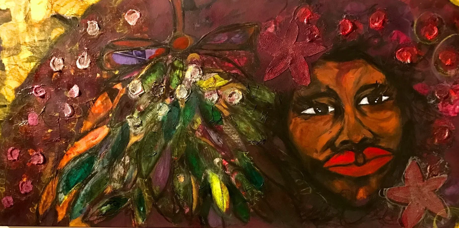 unmasked too... Mixed media (acrylic paint, charcoal, acrylic marker, textured paper, oil pastels, pen) (2024)  8”x8”