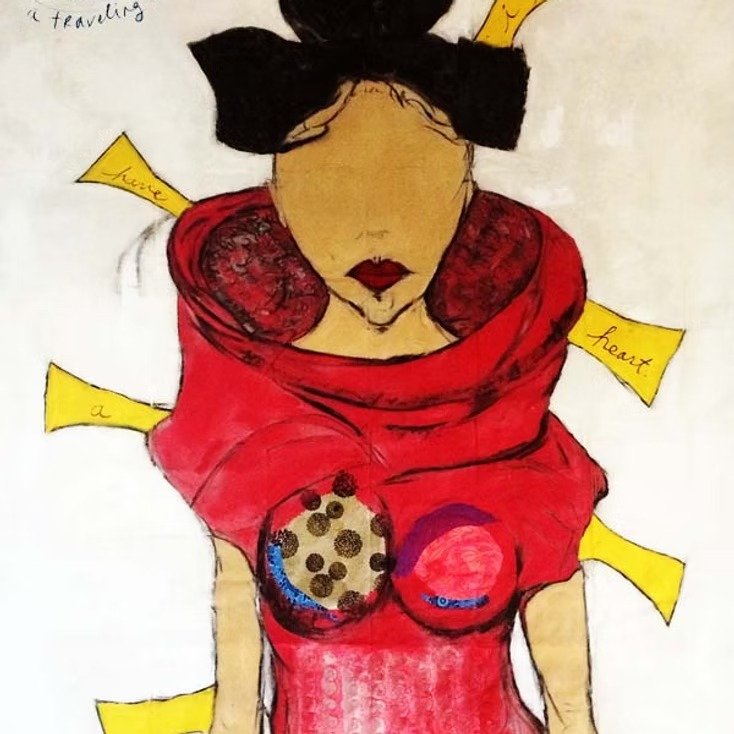 Paper Dolls & Action Figures: Geisha Girl, Brownie Sweet, Holy Momma (2014) mixed media on canvas (acrylic, paper, charcoal, felt, soft pastels)