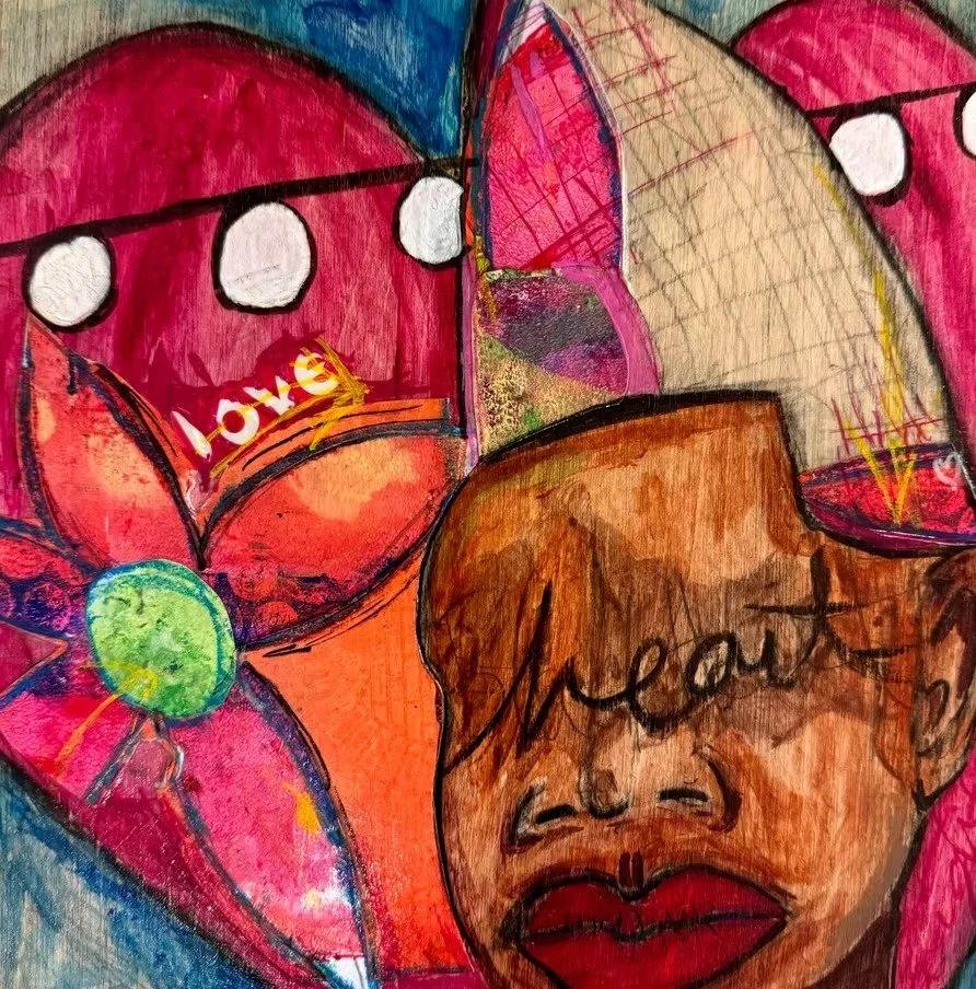 unmasked too... Mixed media (acrylic paint, charcoal, acrylic marker, textured paper, oil pastels, pen) (2024)  8”x8”