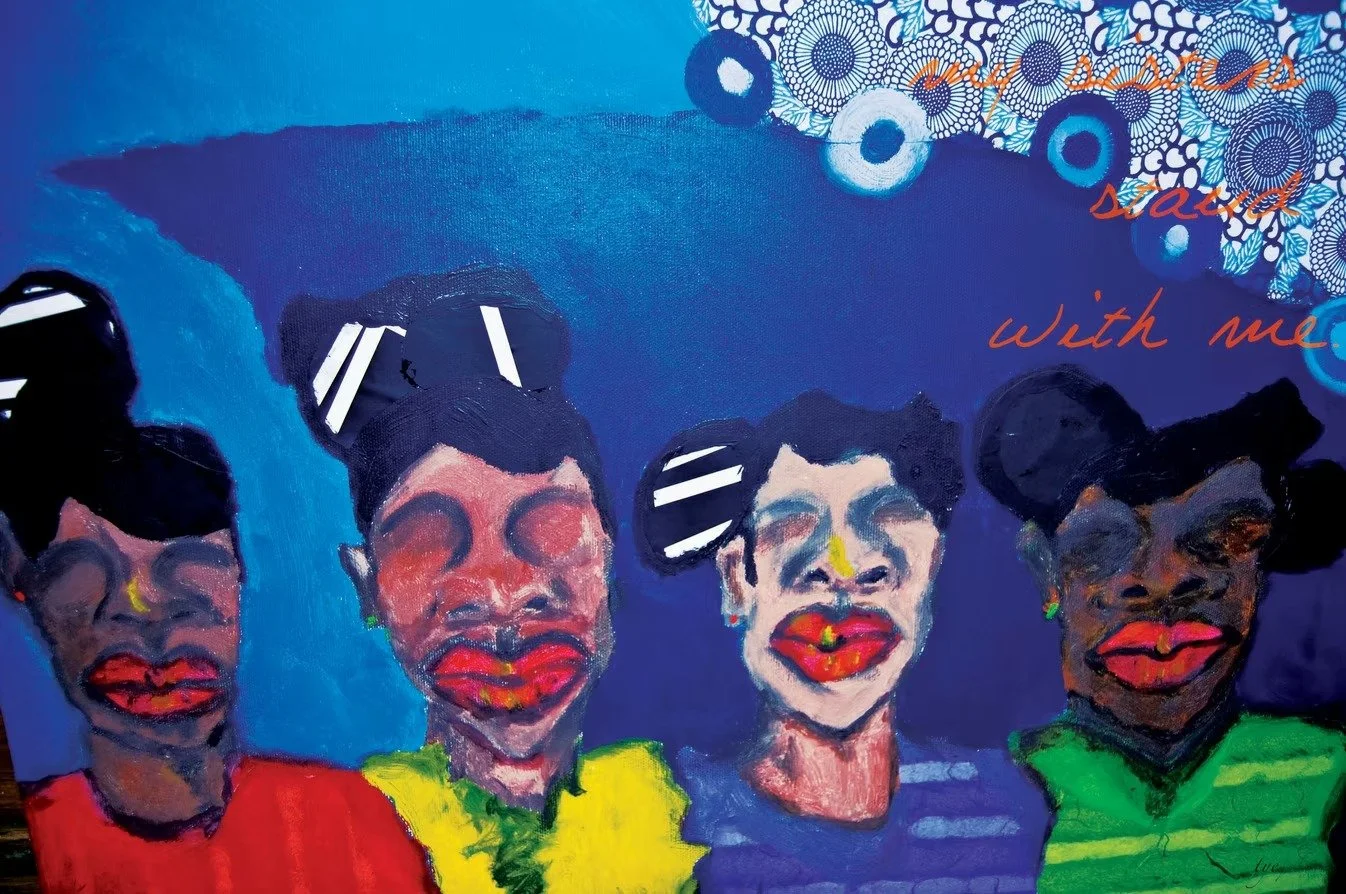 unmasked too... Mixed media (acrylic paint, charcoal, acrylic marker, textured paper, oil pastels, pen) (2024)  8”x8”
