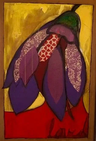 she travels light too... Mixed media (acrylic paint, charcoal, acrylic marker, textured paper, oil pastels) (2023)  24” x 24”