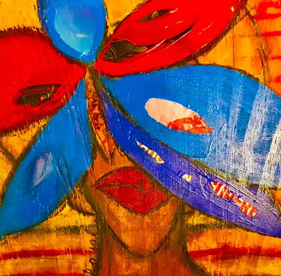 she travels light too... Mixed media (acrylic paint, charcoal, acrylic marker, textured paper, oil pastels) (2023)  24” x 24”