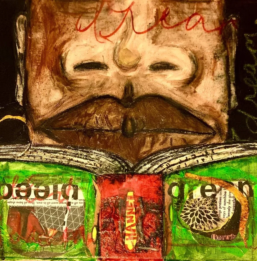 she travels light too... Mixed media (acrylic paint, charcoal, acrylic marker, textured paper, oil pastels) (2023)  24” x 24”