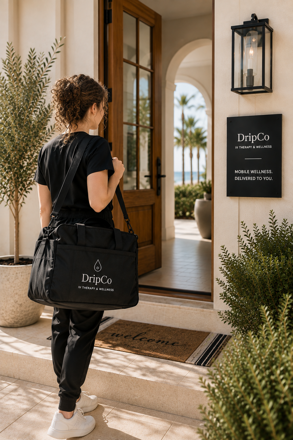 A woman with curly hair stands outdoors holding a black bag with the logo 'DripCo IV Therapy & Wellness'. She is about to enter a wellness center through a wooden door, with a sign on the wall reading 'DripCo IV Therapy & Wellness' and 'Mobile Wellness Delivered to You'. There are potted plants and palm trees in the background.
