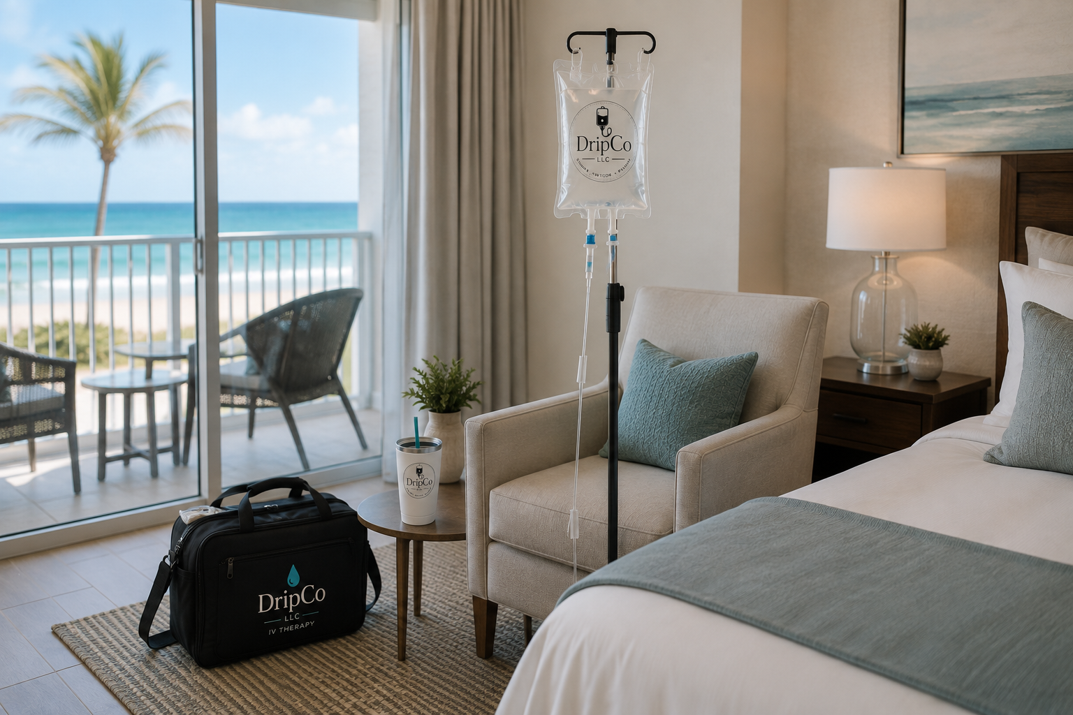 Hotel room with IV drip in stand, bedside table with lamp and potted plant, sliding glass door leading to balcony with outdoor chairs overlooking beach and ocean, DripCo branding on IV bag and bag.