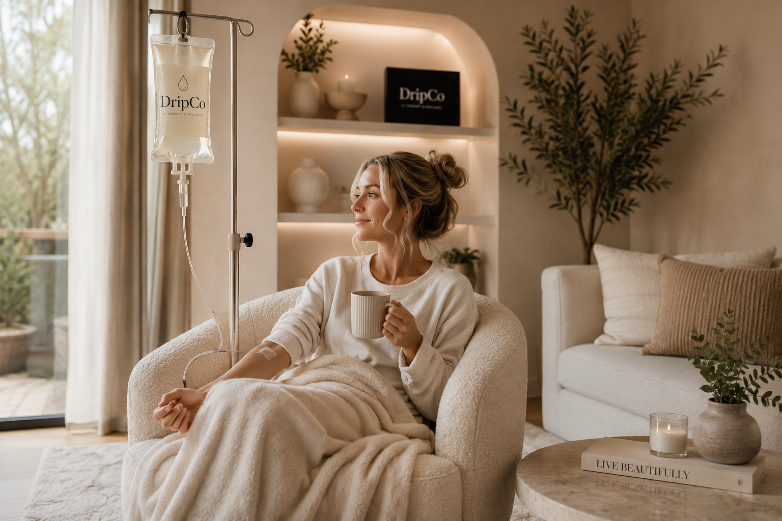 A woman receiving intravenous therapy in her living room while sitting on a comfortable armchair, holding a mug, surrounded by cozy decor including a plant, candles, and books.