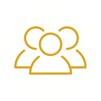 Icon of three people in gold on a white background.