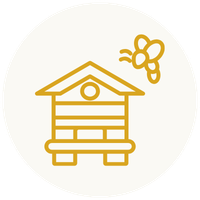 Line drawing of a beehive with a bee flying nearby.