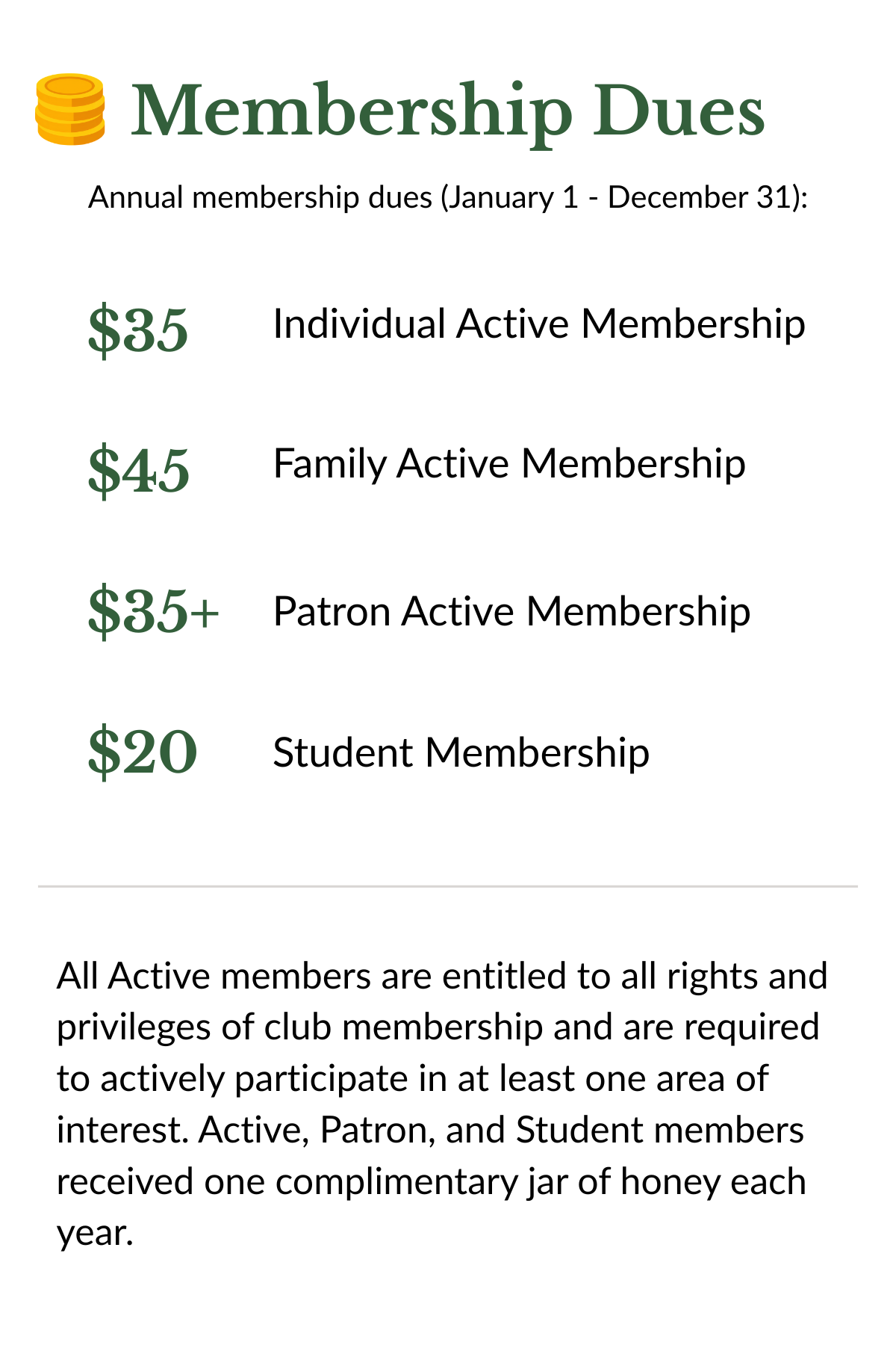 A sign detailing membership dues for a club, listing different prices for various membership types including individual, family, patron, and student memberships, with a note on benefits for active members.
