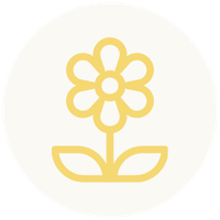 A simple line drawing of a flower with five petals, a central circle, two leaves, and a stem.