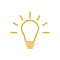 A gold-colored light bulb icon with rays emanating from it on a white background.