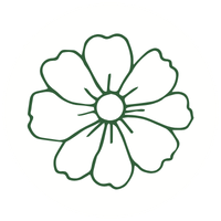 Outline of a flower with six petals inside a circular border.