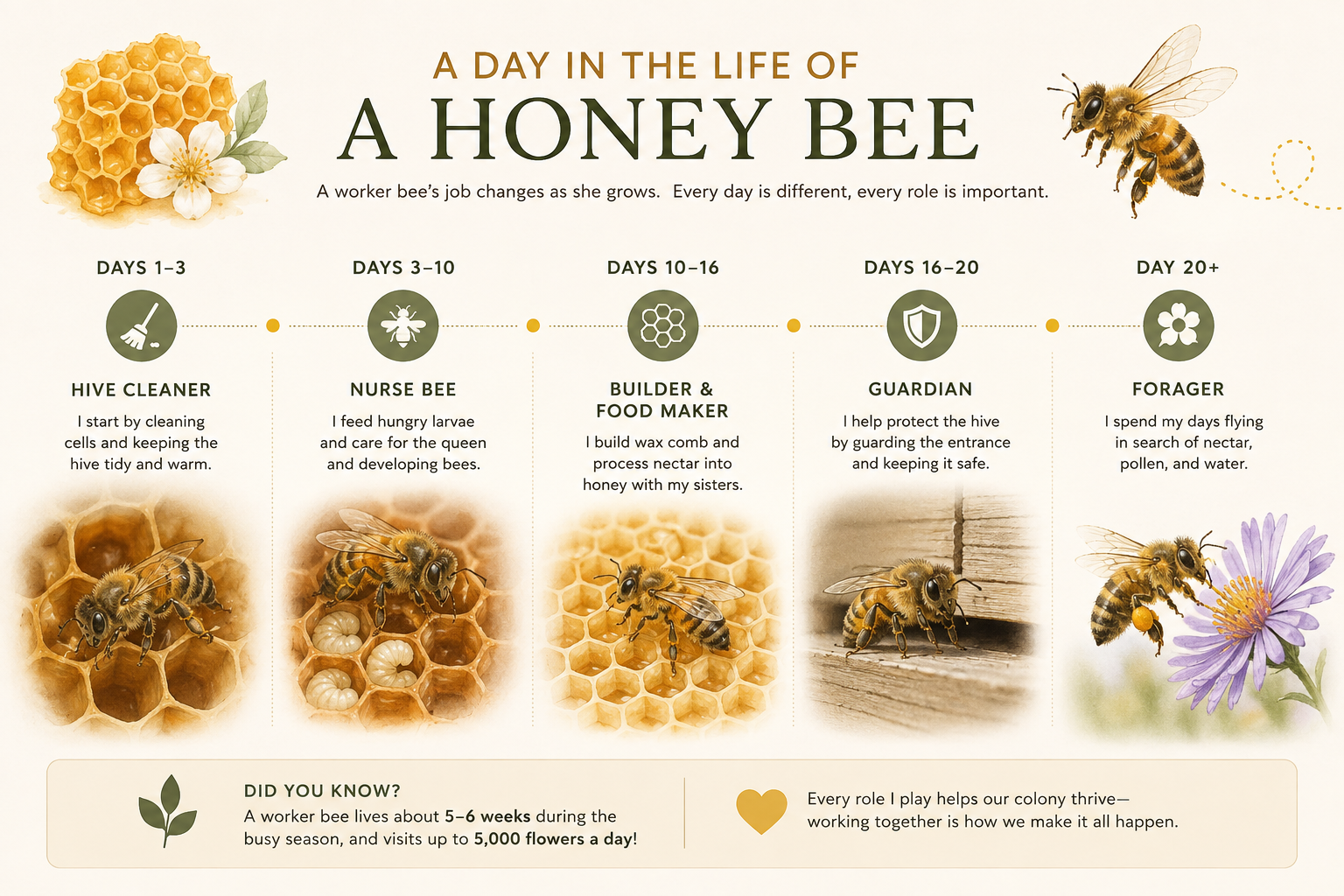 A colorful infographic illustrating the daily life of a honey bee, including stages such as hive cleaner, nurse bee, builder and food maker, guardian, and forager, with images of bees, honeycomb, and flowers.