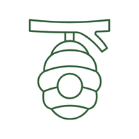 A hand holding a beehive with a drone hovering above it, sketched in green lines.