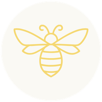 Minimalist line drawing of a bee in light yellow on a white background.