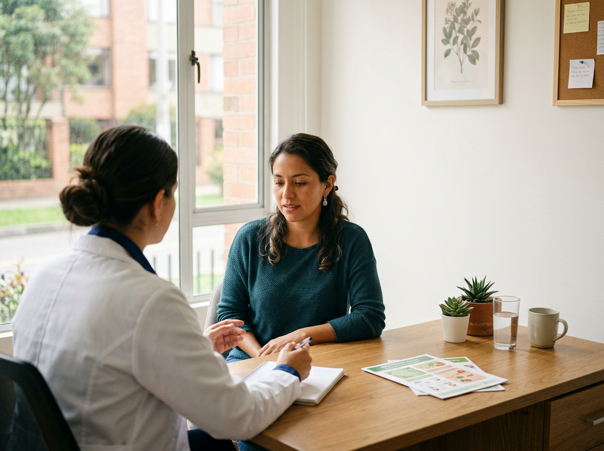 Nutricionista conversando con una mujer durante una consulta nutricional personalizada en Cali.