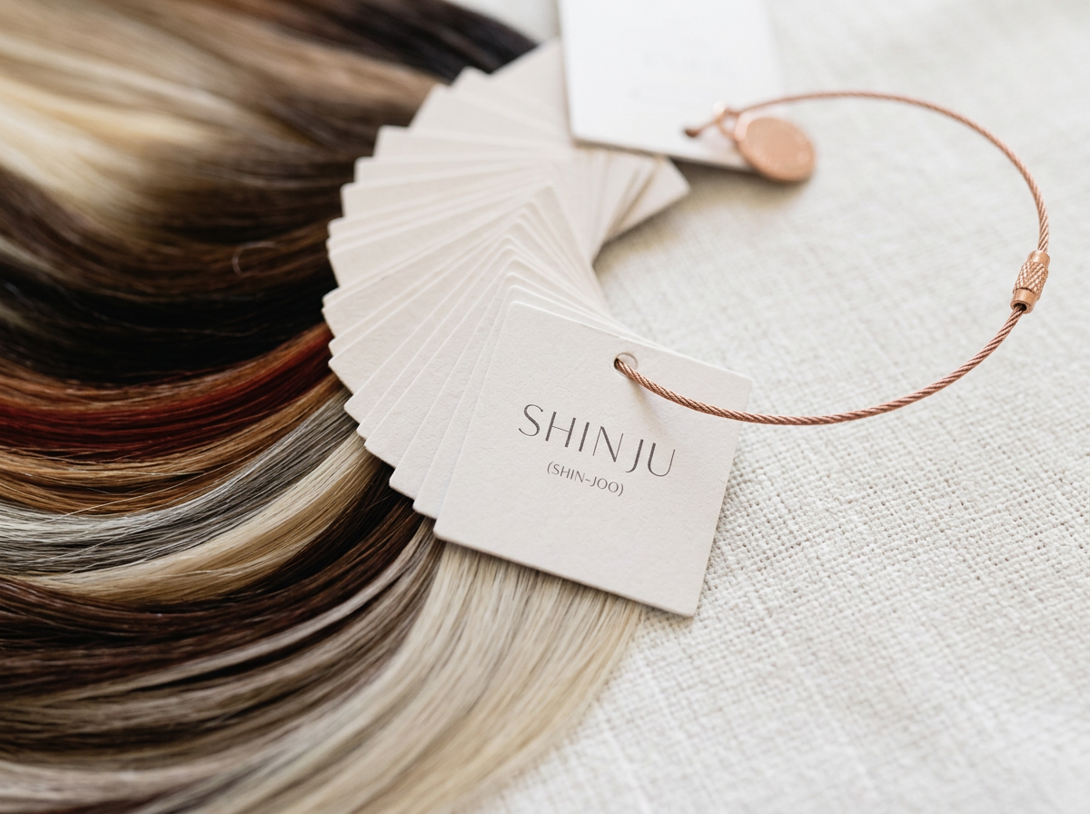 Swatches of dyed hair arranged in a row with a label reading "SHINJU (SHIN-JOO)" attached by a pink cord.
