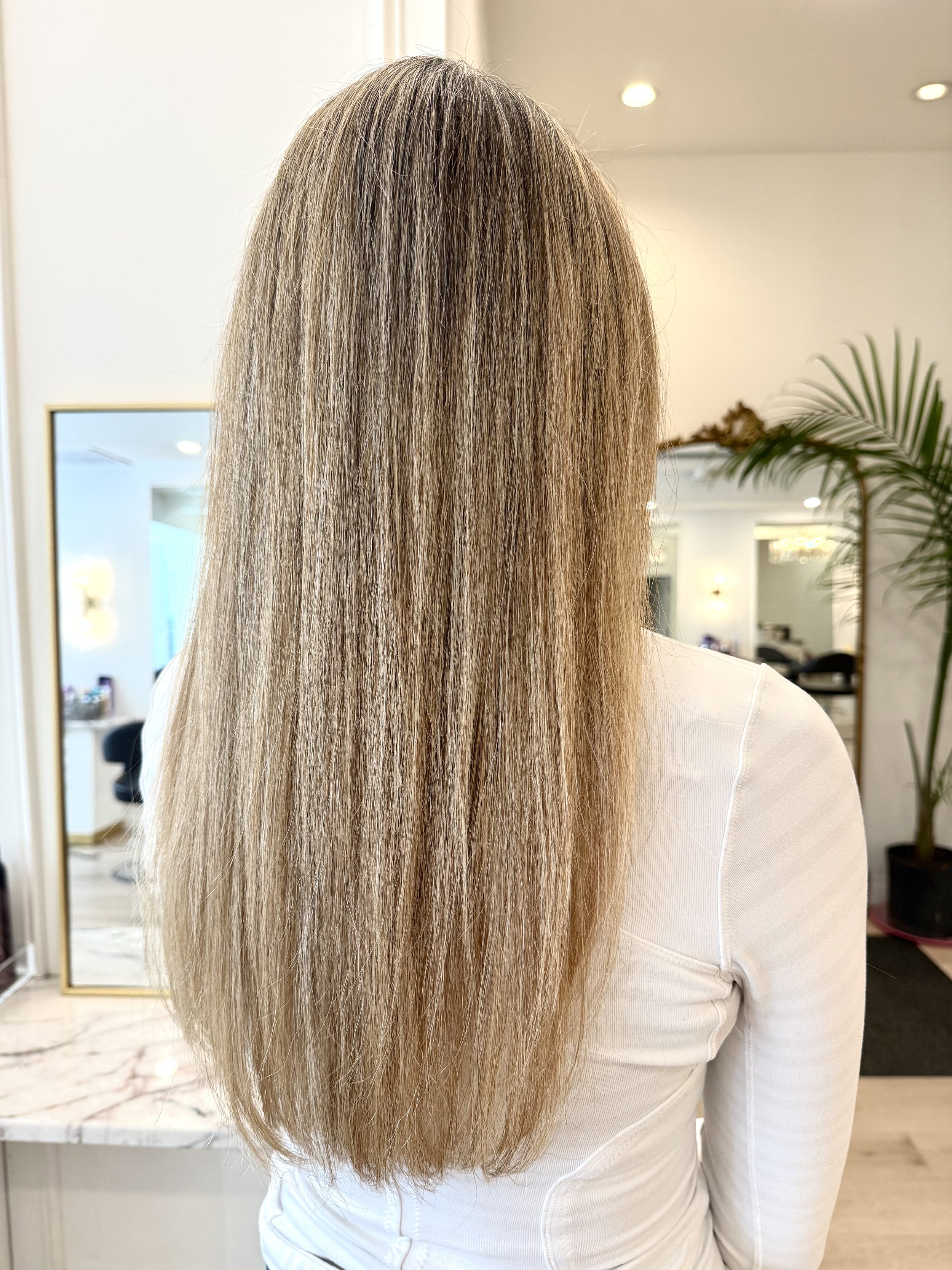 Back view of a woman with long, straight, blonde hair in a salon.