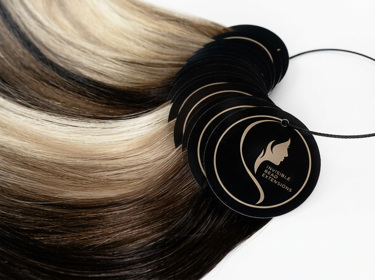 Hair extensions in shades of blonde and brown with black tags showing a woman's profile and the label "Invisible Beaded Extensions."
