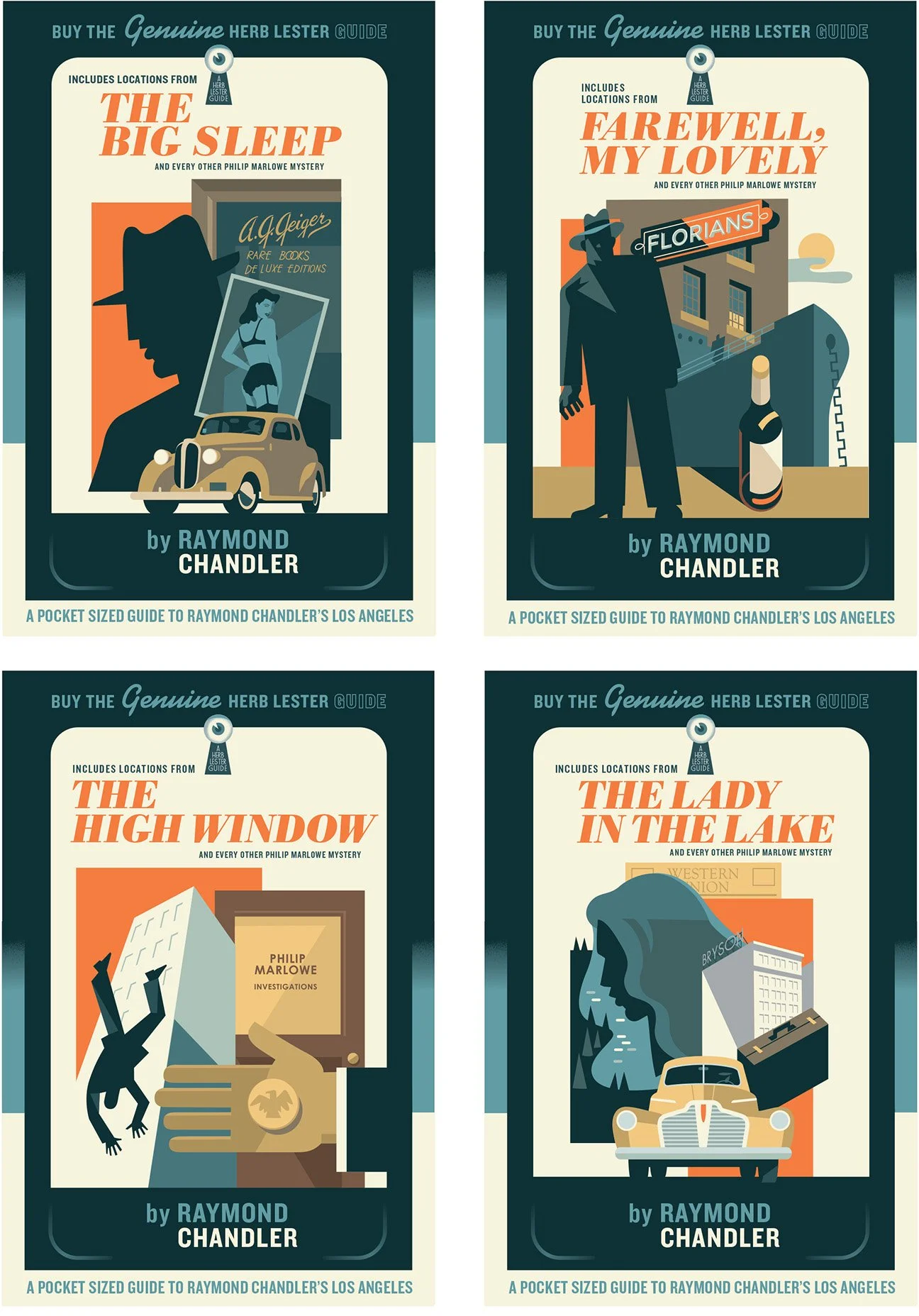 Promo covers of Raymond Chandler novels for Chandler Map of LA, Herb Lester Associates, London