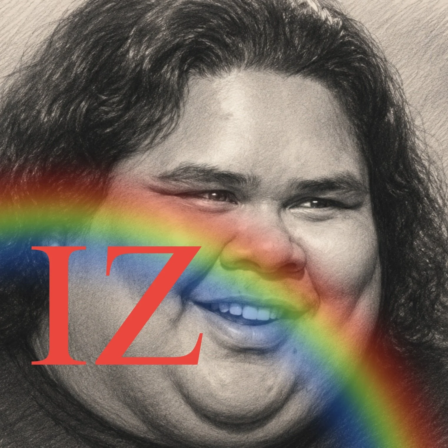 A black-and-white photograph of a smiling woman's face with dark curly hair. A rainbow-colored band crosses the image, partially obscuring the face, with red text over the rainbow.