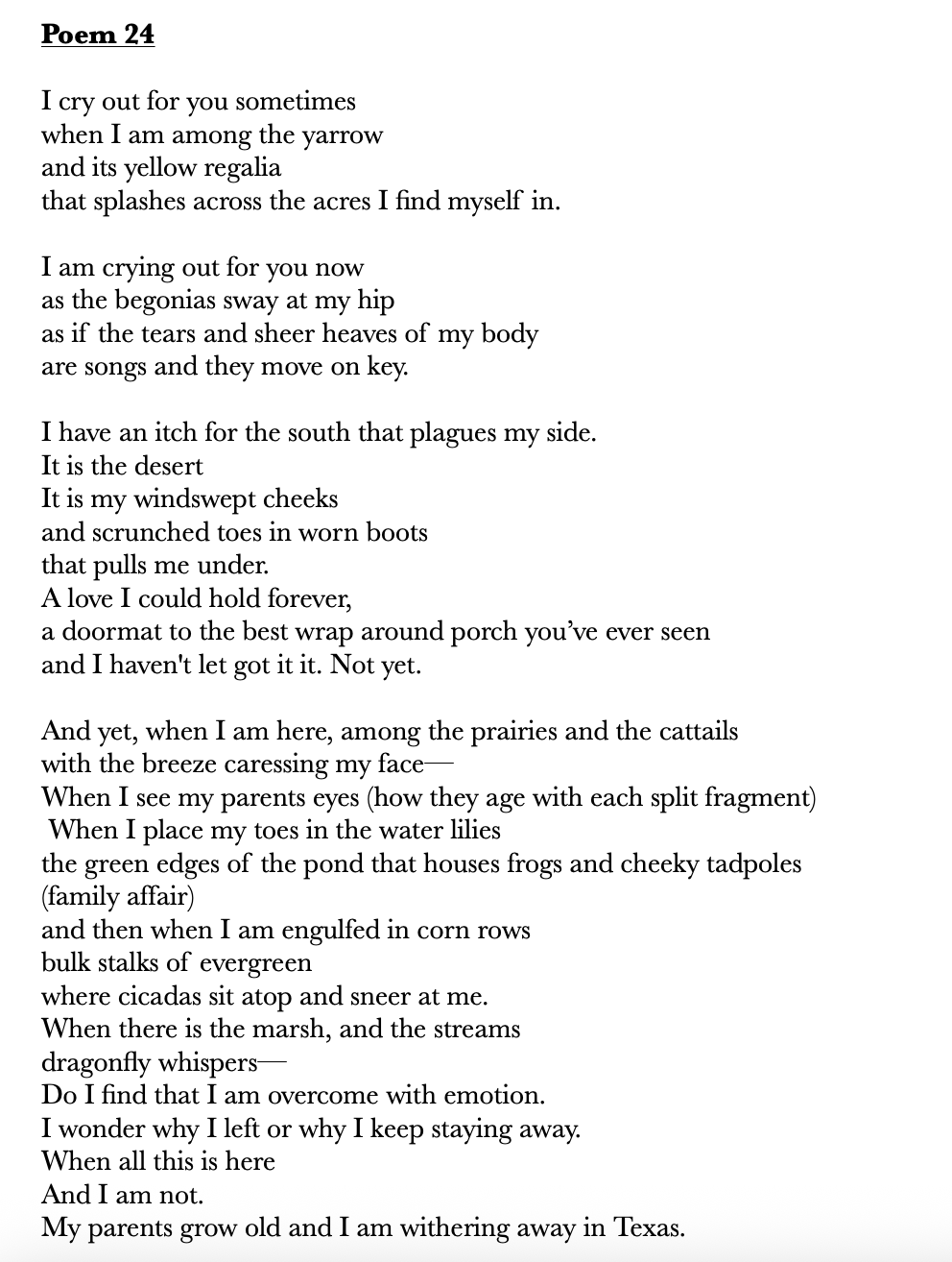       
  
     Poem 24     I cry out for you sometimes&nbsp;  when I am among the yarrow  and its yellow regalia&nbsp;  that splashes across the acres I find myself in.&nbsp;    I am crying out for you now  as the begonias sway at my hip&nbsp;  as if