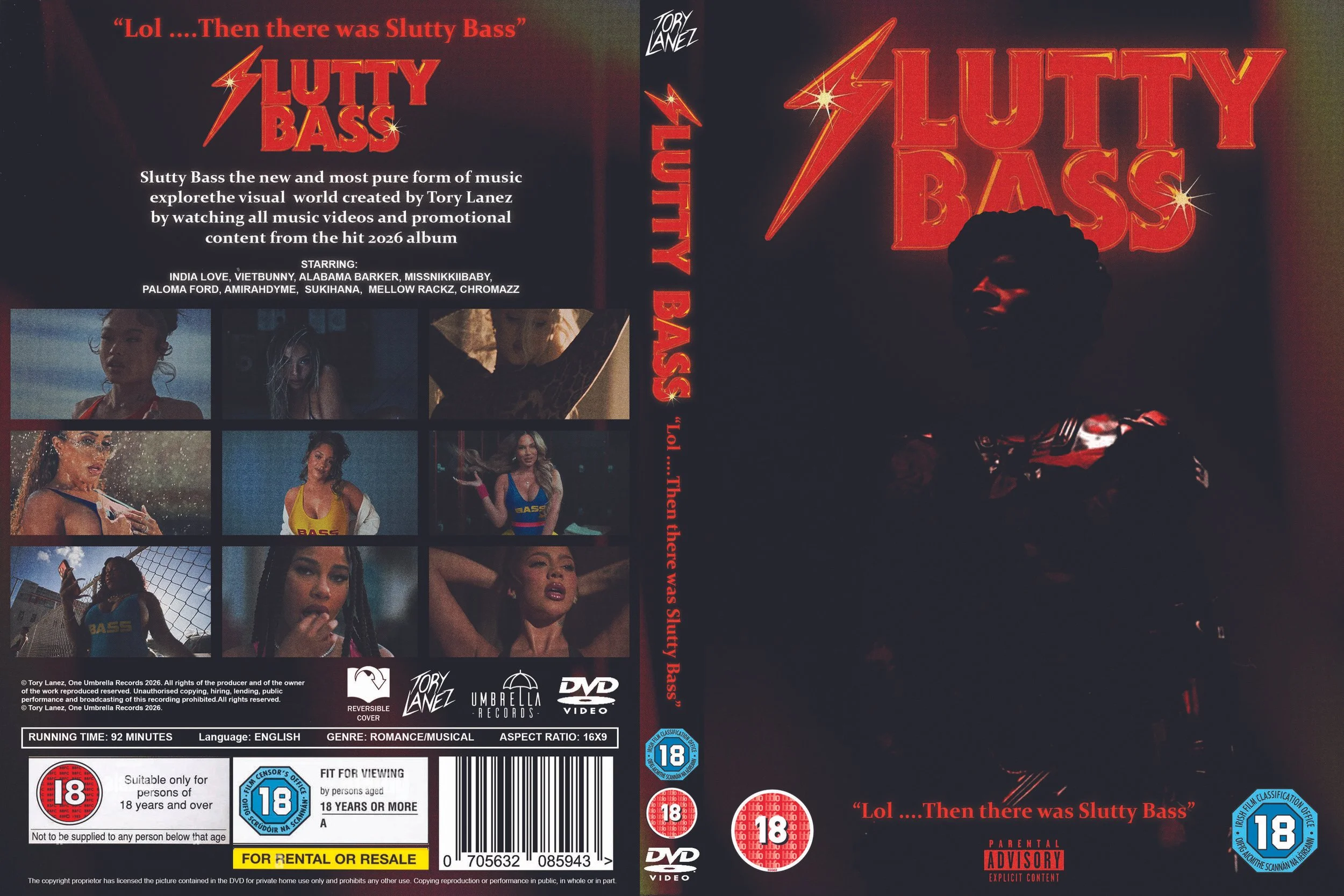 Back cover of a DVD case for a musical film titled "Slutty Bass" by Tory Lanez. The front cover features a dark background with a bold red and orange title, a silhouette of a woman holding a fork, and images of women in colorful outfits. The back cover includes a description, cast list, images of female characters, and age ratings.