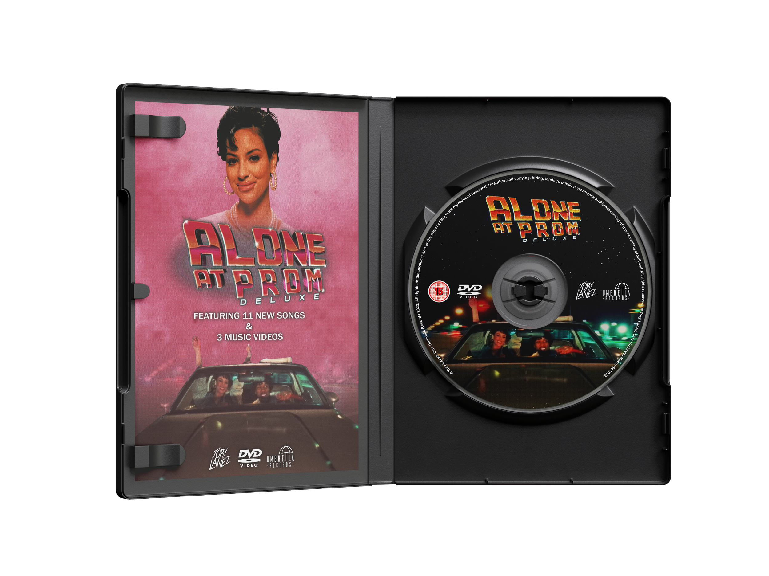 DVD case of the movie 'Alone at Prom Deluxe' featuring a woman with short dark hair and a pink background, with the DVD disc showing a car at night with people inside.