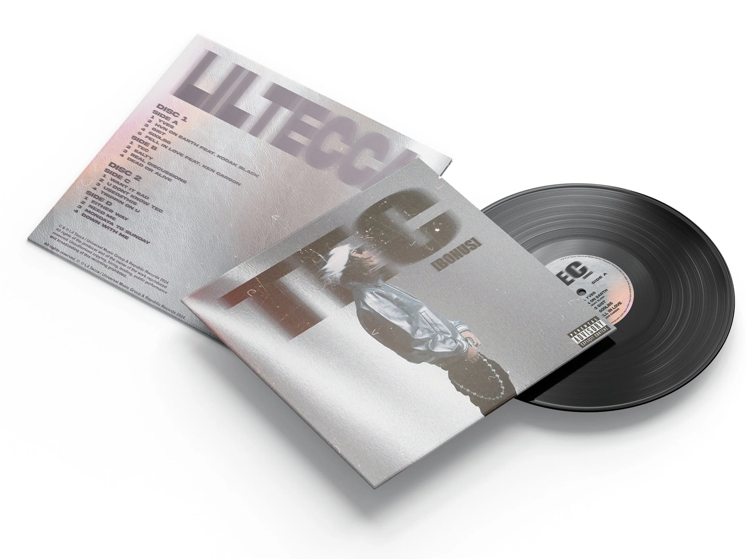 Close-up of a vinyl record partially out of its album cover, which features a list of songs and a photo of a person wearing a jacket.