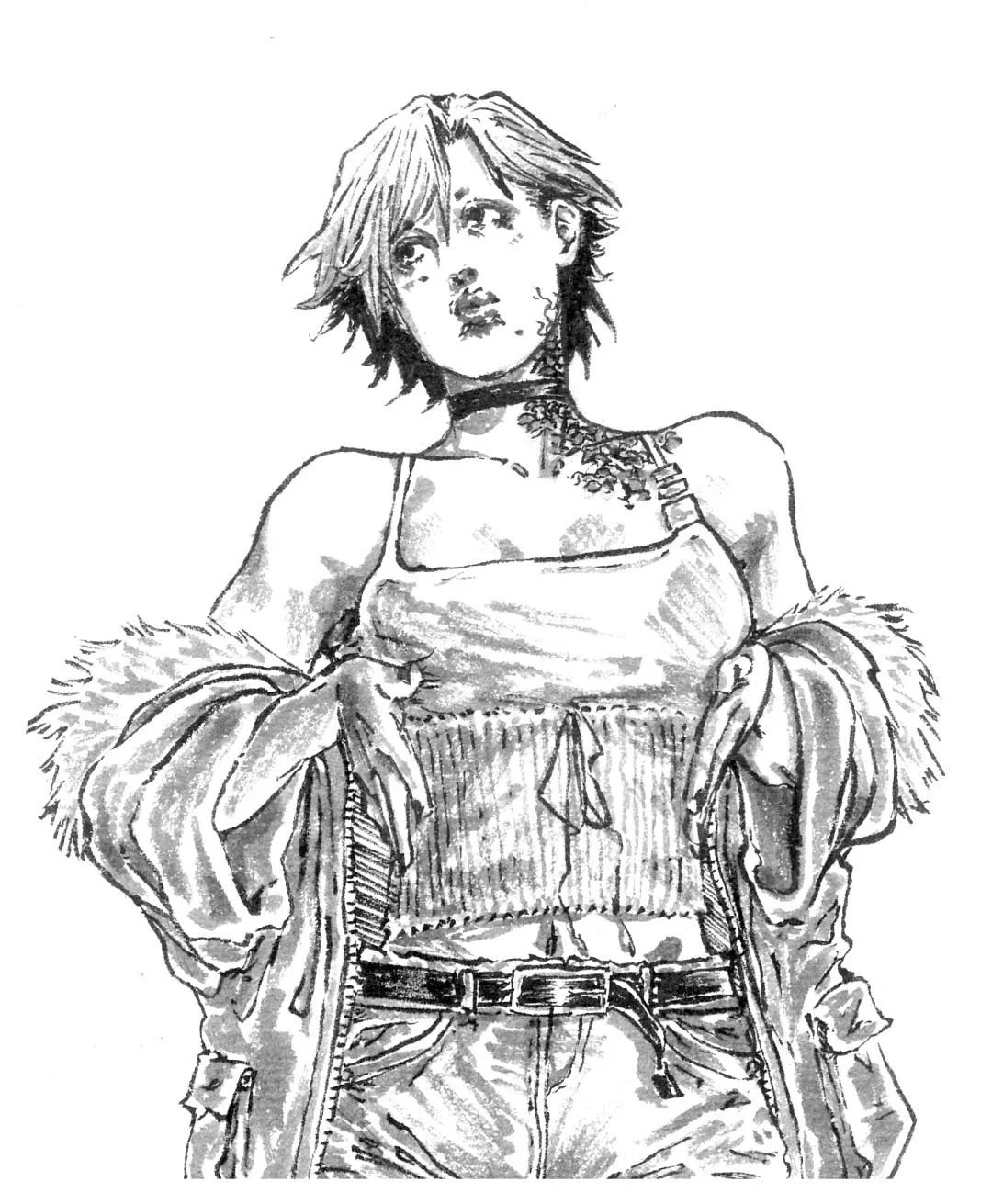 Black and white sketch of a woman with short hair, wearing a sleeveless top, a choker necklace, pants, and a jacket draped over her shoulders.