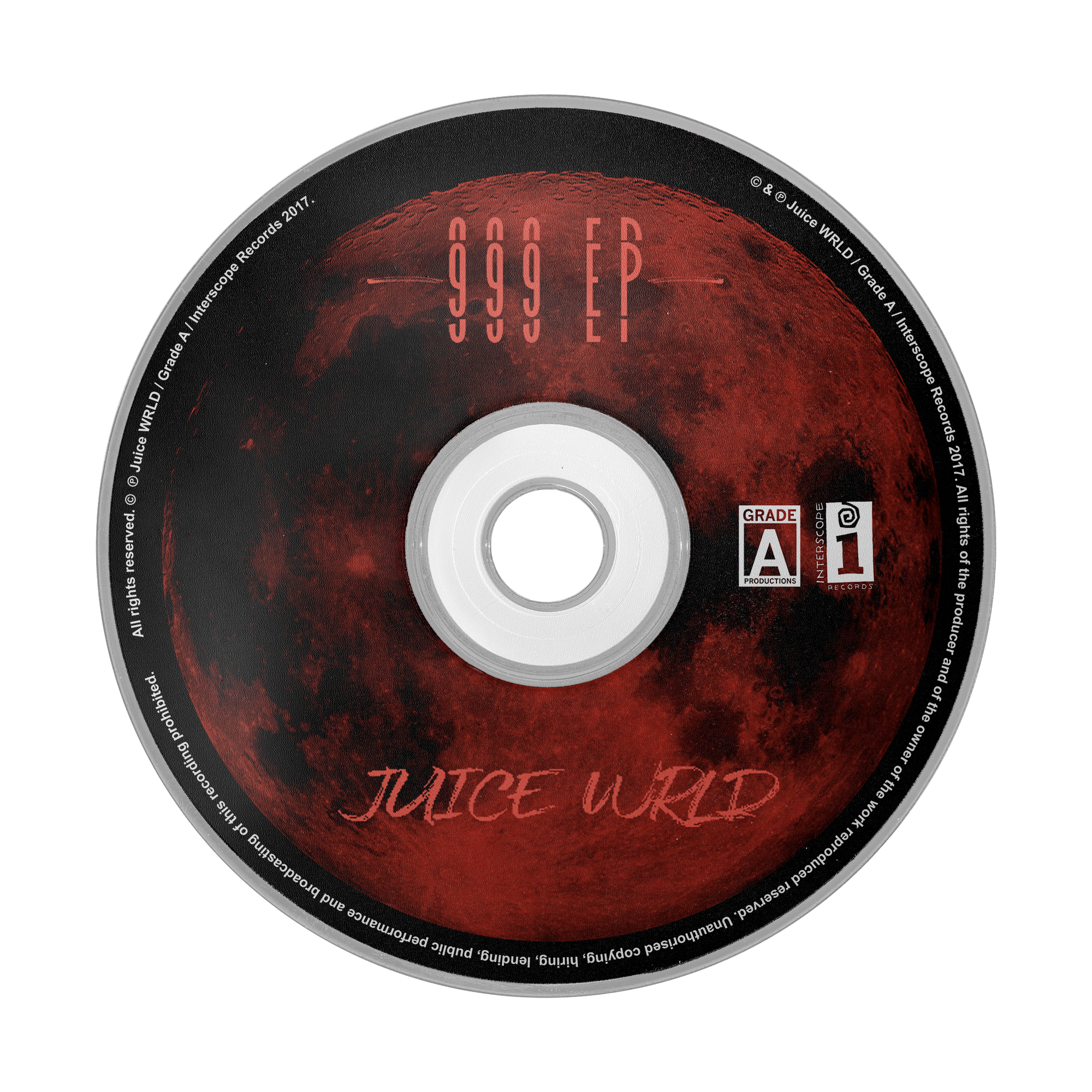 Close-up of a black and red Spotify album featuring the title '999 E.P.' with the record label information and a warning about damaging the product.