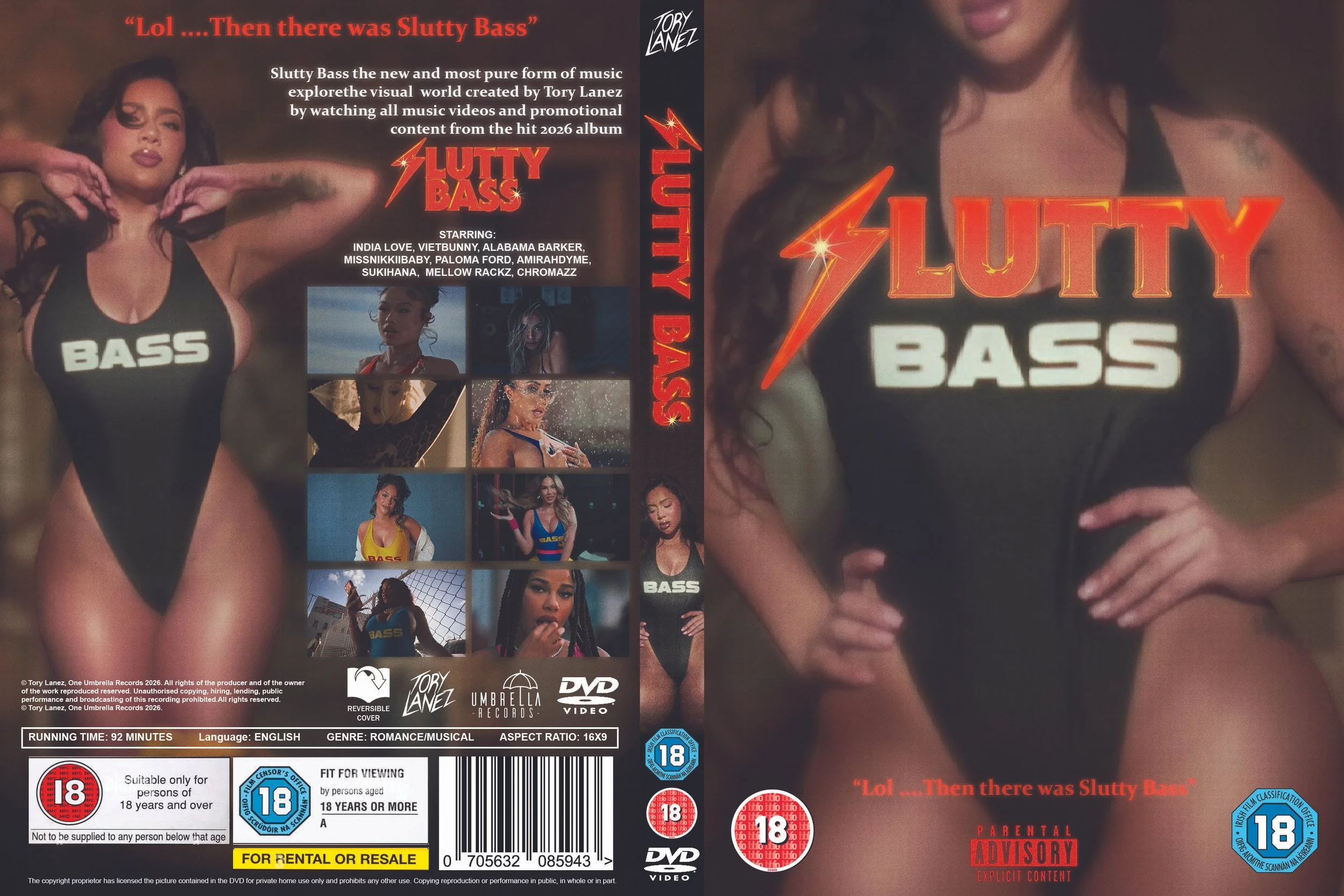 The DVD cover features a woman with dark hair, wearing a black swimsuit with 'BASS' written on it, surrounded by smaller images of various women. The title 'LUTTY BASS' is prominently displayed in red and white text with lightning bolt icons. The cover includes multiple age restriction labels, copyright information, and branding logos for Umbrella Records and DVD Video.
